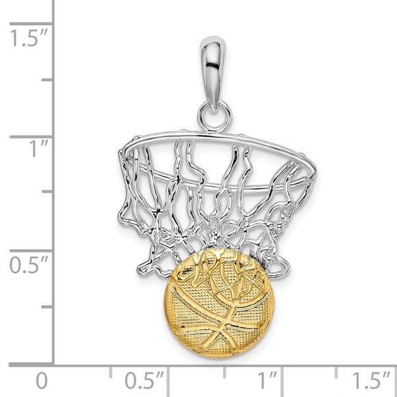 925 Sterling Silver Sports Net w 14k Yellow Gold Basketball Necklace Pendant - Picture 5 of 5